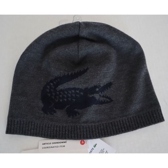 Lacoste RB3531 Men's Sz O/S Gray Jacquard Crocodile Reversible Wool Beanie - Picture 1 of 3